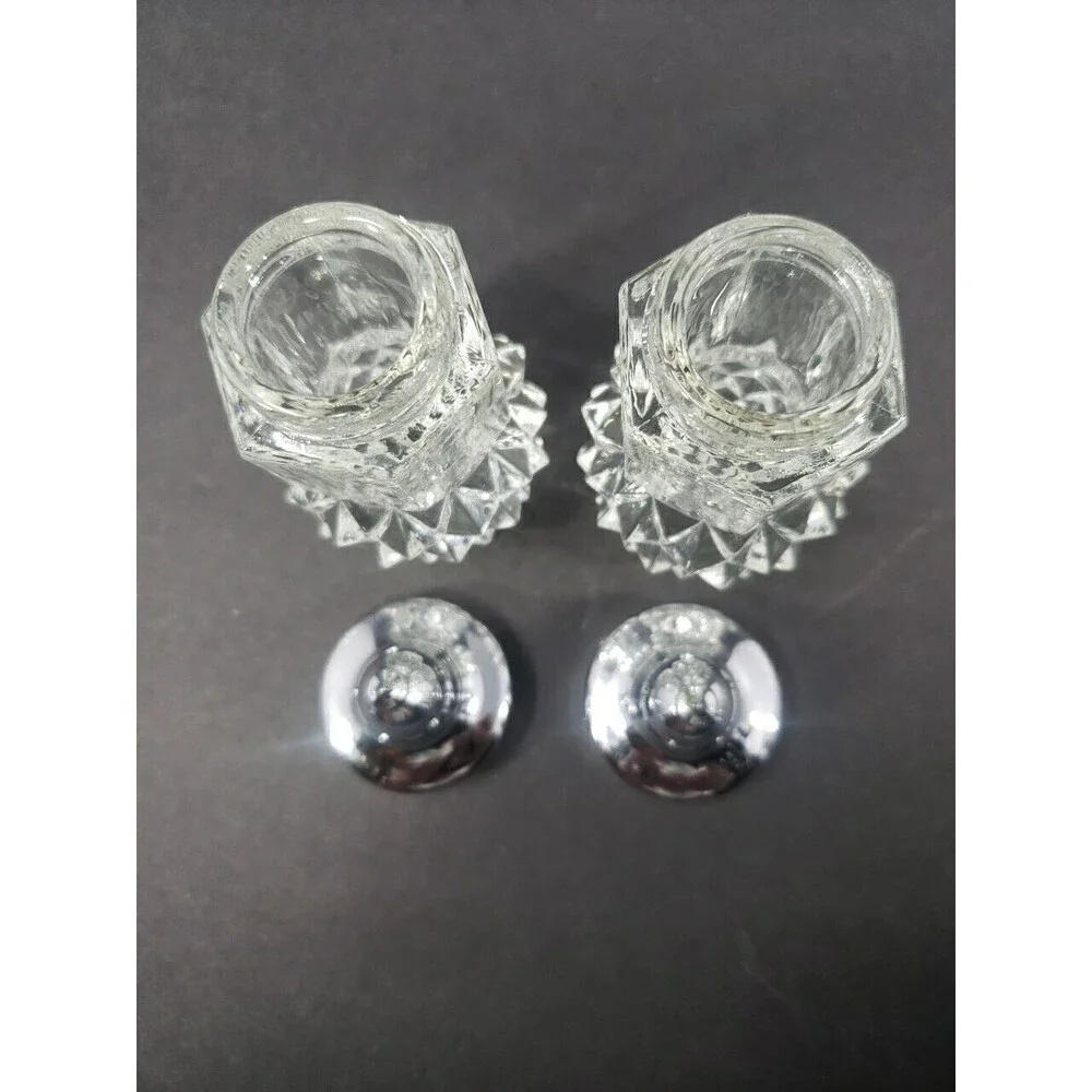 Vintage Salt & Pepper Shakers c1960s Heavy Glass Made in Hong Kong Diamond Cut